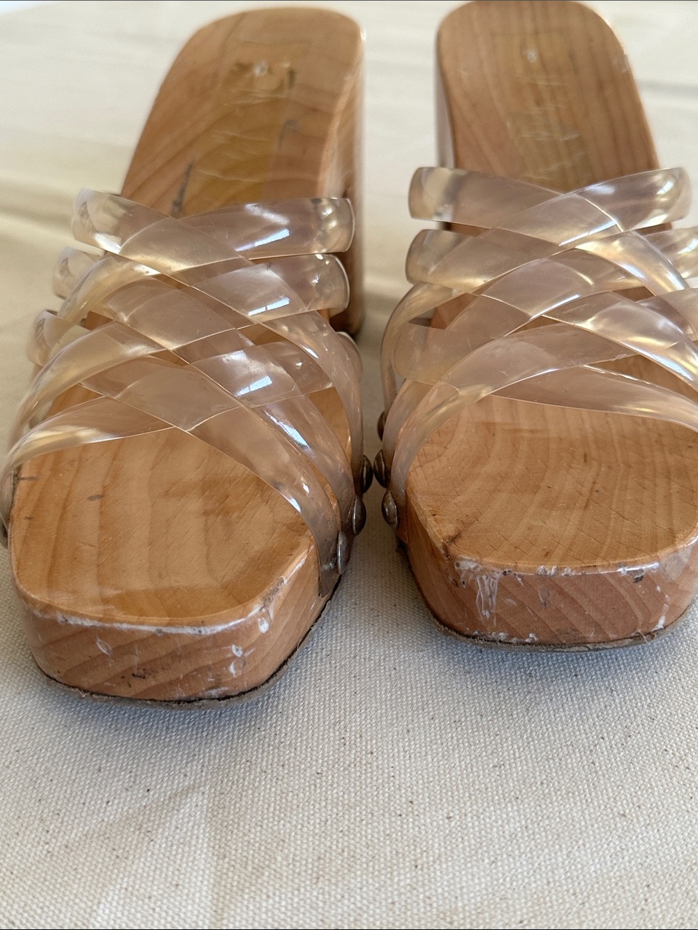 Vintage Clear Strappy Wood Block Heel Sandals - Picture 6 of 11